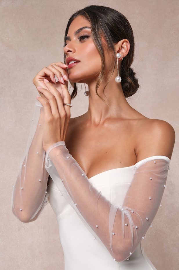 Eternally Beloved White Mesh Off-the-Shoulder Pearl Maxi Dress