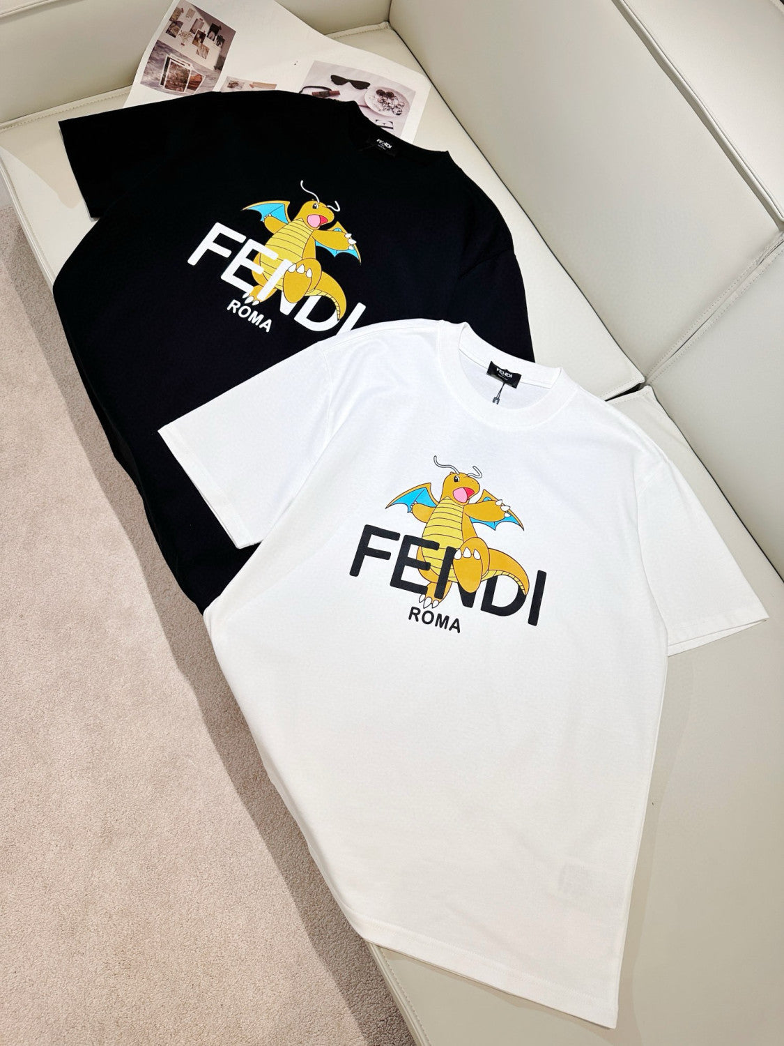 Fendi Men's and Women's Summer Dinosaur Printed Solid Color Round Neck Cotton Short Sleeve T-Shirt #98191