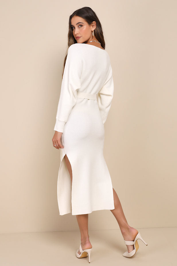 Cozy Captivation Ivory Ribbed Dolman Sleeve Midi Sweater Dress