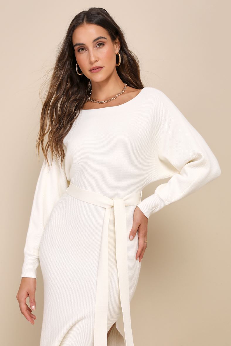 Cozy Captivation Ivory Ribbed Dolman Sleeve Midi Sweater Dress