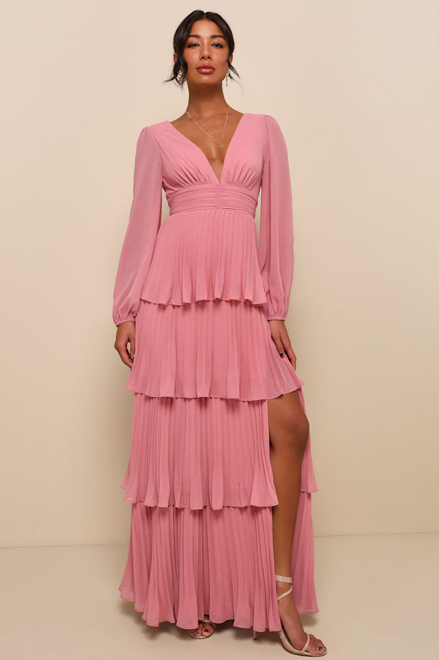 Graceful Finesse Dusty Rose Pleated Long Sleeve Maxi Dress