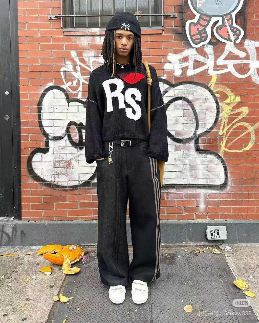 Raf Simons Men's Fall And Winter Black White Rs Jacquard Round Neck Long Sleeve Knitted Sweater High Street Trend Casual Pullover Warm Tops Ngvp #2463