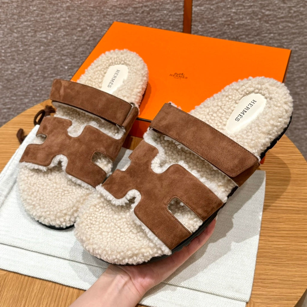 Hermes Chypre Men's And Women's Spring/Fall Fashion Casual Suede Shearling Flip Flop Sandals Shoes #78741