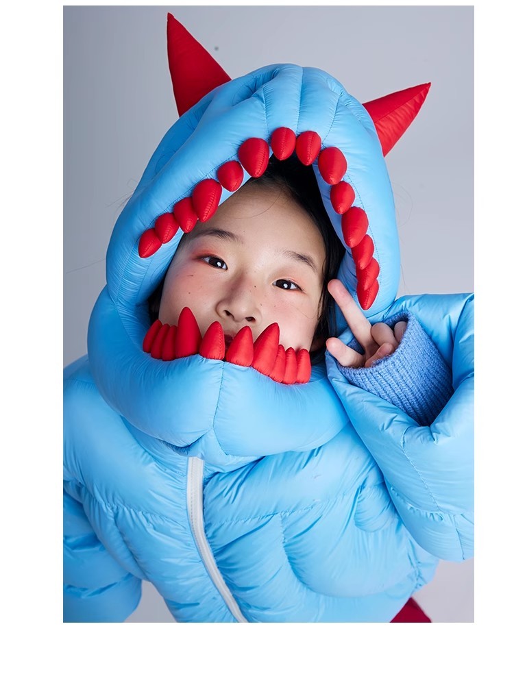 Kid's Autumn And Winter Solid Color Dinosaur Thickened Long Sleeve Hooded Puffer Down Jacket #31324