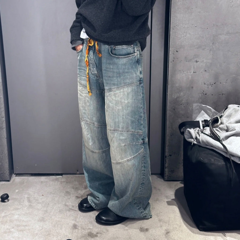 Balenciaga BAGGY Men's Spring/summer Scenic Webbing Contour Deconstructed Straight Leg Pants Denim Trend Old Wide Leg Pants Ngvp #9973