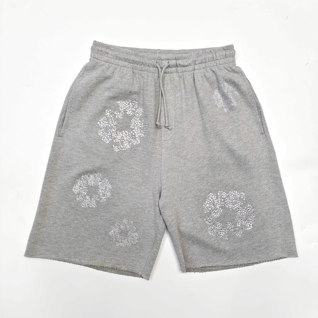 Denim Tears X Swarovski Men's Women's Summer Floral Rhinestone Solid Color Drawstring Tie Cotton Cashmere Casual Shorts Ngvp #1826
