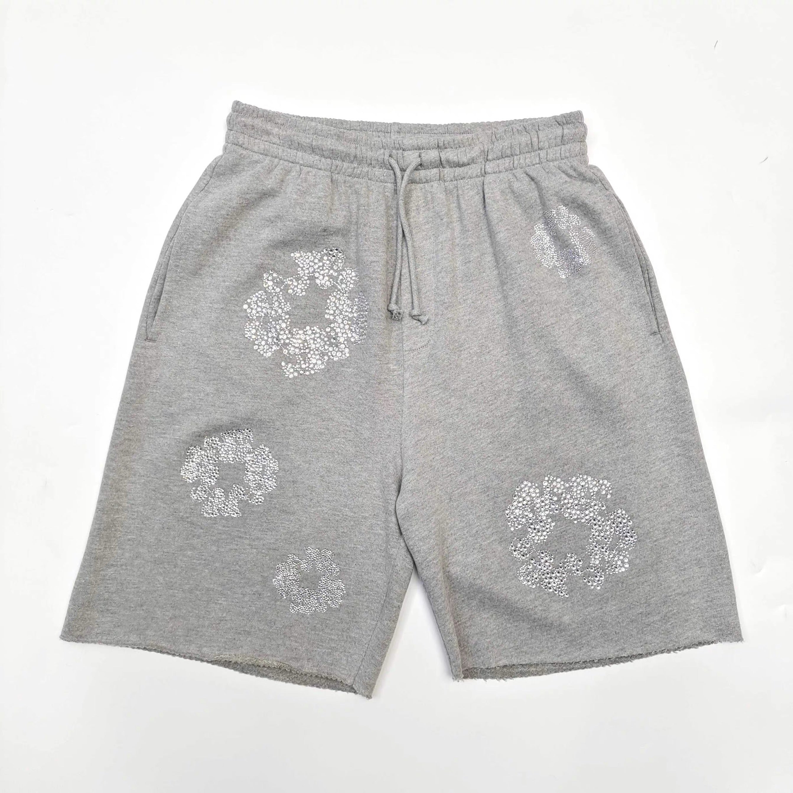 Denim Tears X Swarovski Men's Women's Summer Floral Rhinestone Solid Color Drawstring Tie Cotton Cashmere Casual Shorts Ngvp #1826