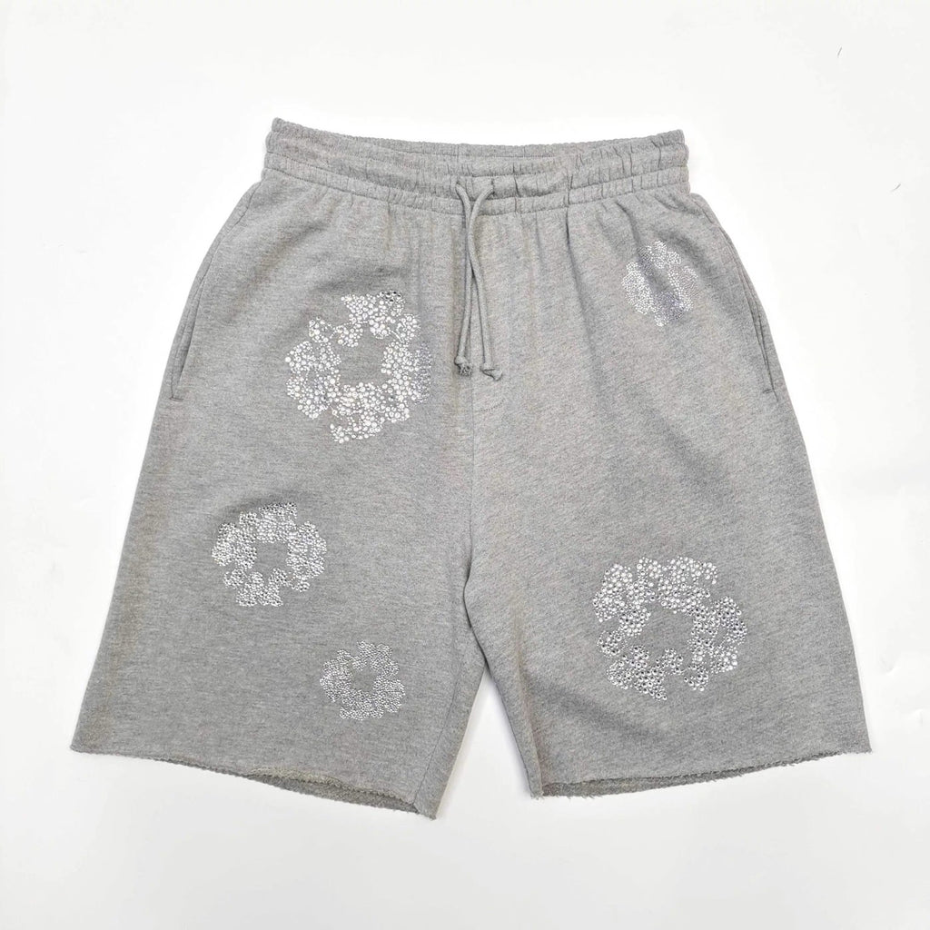 Denim Tears X Swarovski Men's Women's Summer Floral Rhinestone Solid Color Drawstring Tie Cotton Cashmere Casual Shorts Ngvp #1826