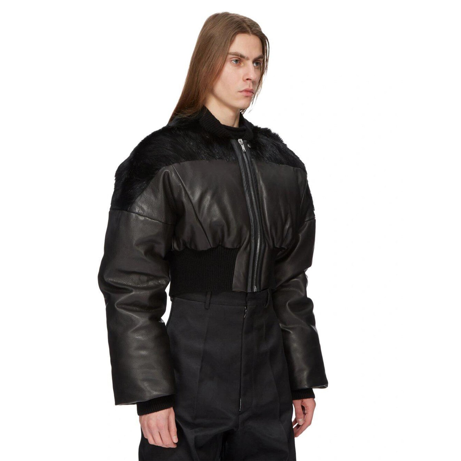 Rick Owens Men's Autumn And Winter Fur Splicing Leather Down Jacket Dark Style Fashion High Street Hip Hop Zip Short Jacket  Ngvp #9825