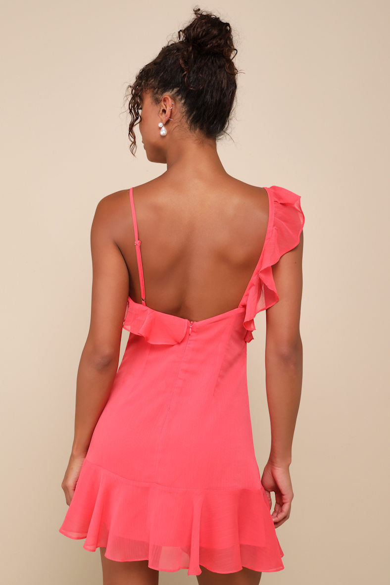 Captivating Always Coral Pink Ruffled Asymmetrical Mini Dress