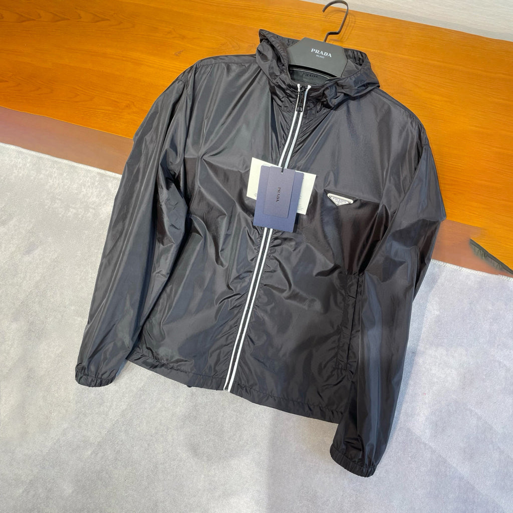 Prada Men's Spring/fall Fashion Casual Solid Color Zipper Hooded Triangle Logo Nylon Drawstring Jacket #79139