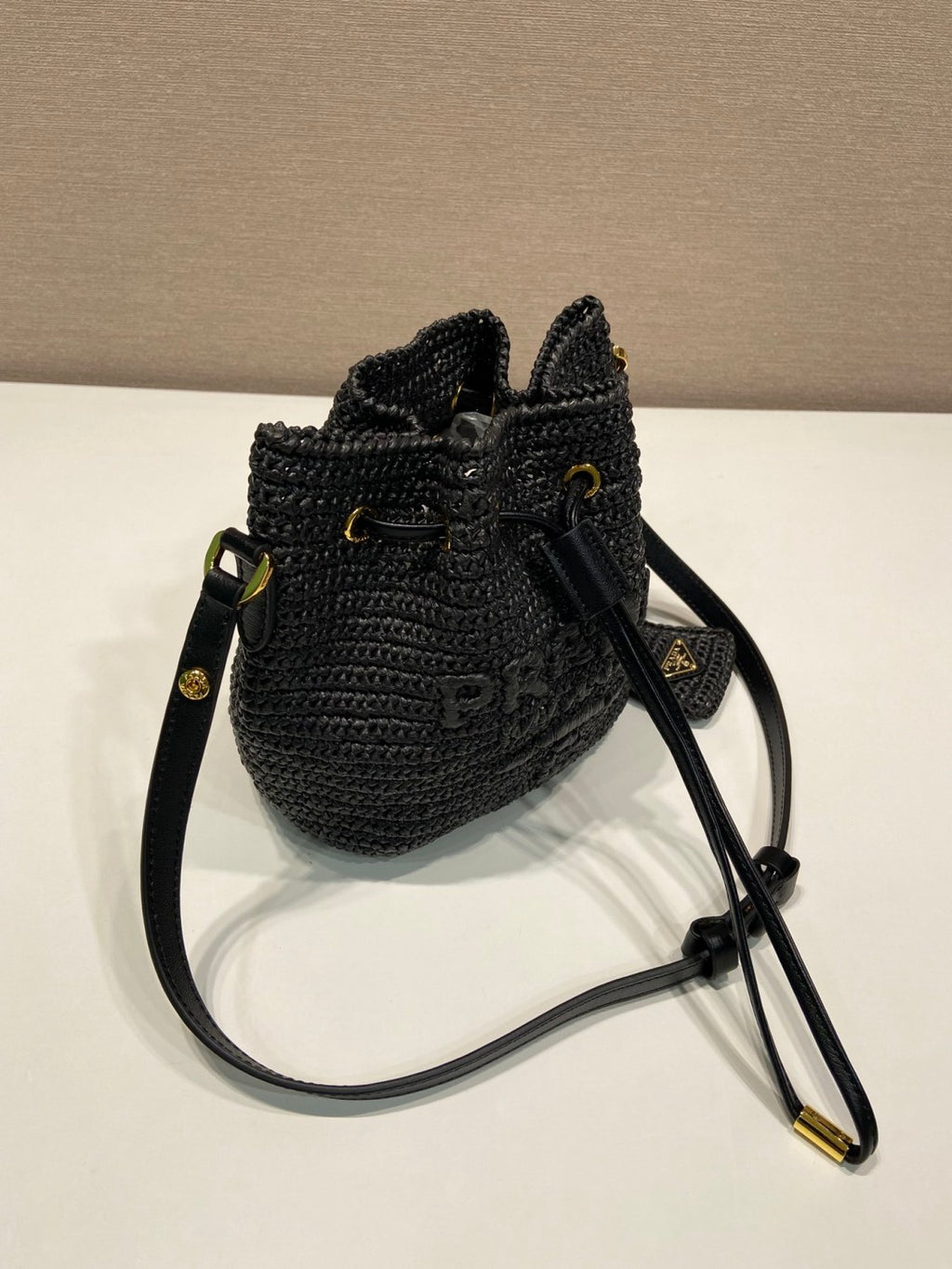 Prada Women's Logo Embroidered Adjustable Detachable Shoulder Strap Lafite Grass Patchwork Leather Bucket Bag Mini Handheld One Shoulder Crossbody Bag  Bags #196301