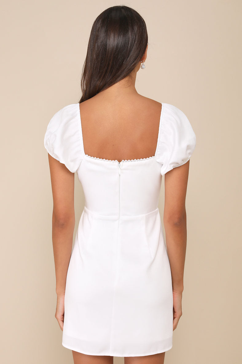 Adorable Poise White Pearl Puff Sleeve Mini Dress