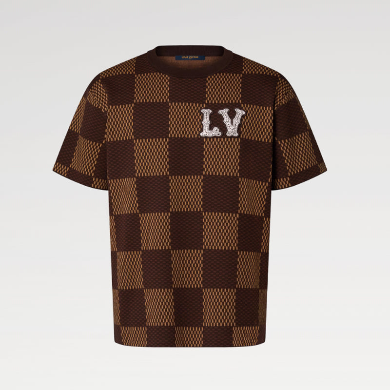 Louis Vuitton Men's Damier Imitation Crystal Applique Checkerboard Checkerboard Summer Cotton Solid Color Short Sleeve Round Neck Short Sleeve T-Shirt #81339
