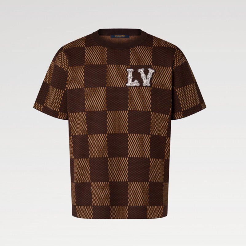 Louis Vuitton Men's Damier Imitation Crystal Applique Checkerboard Checkerboard Summer Cotton Solid Color Short Sleeve Round Neck Short Sleeve T-Shirt #81339