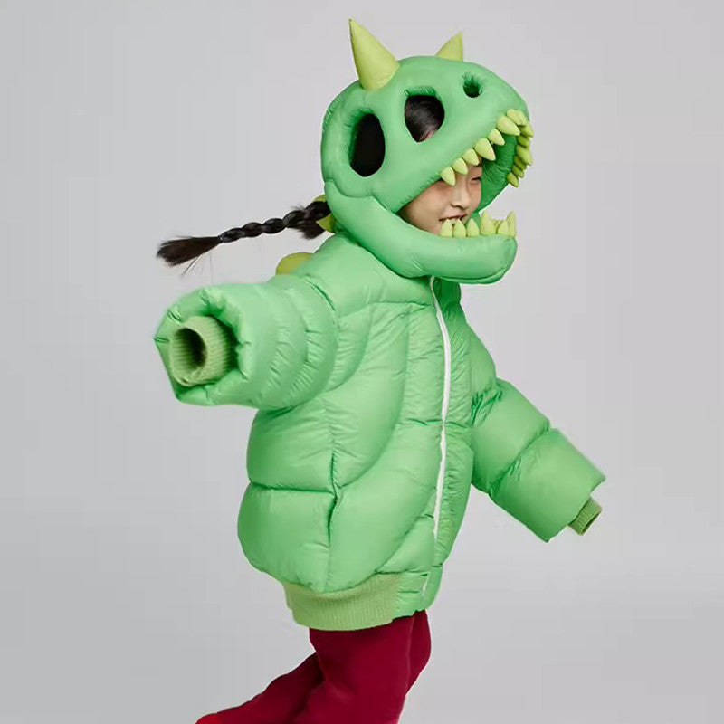 Kid's Autumn And Winter Solid Color Three-Dimensional Cutting Dinosaur Cap Hooded Loose Long-Sleeved Puffer Down Jacket #31323