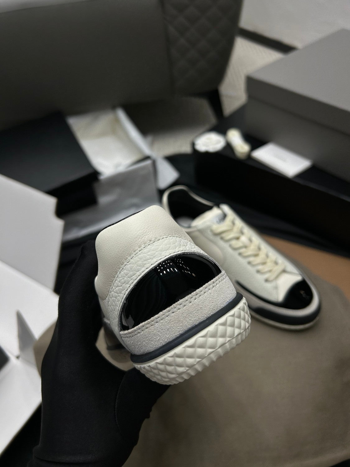 Chanel Women's Spring/Fall Fashion Casual Round Toe Lace Up Two Tone Flat Low Top Lychee Grain Cowhide Patent Leather Slip On Sneakers Shoes #79295