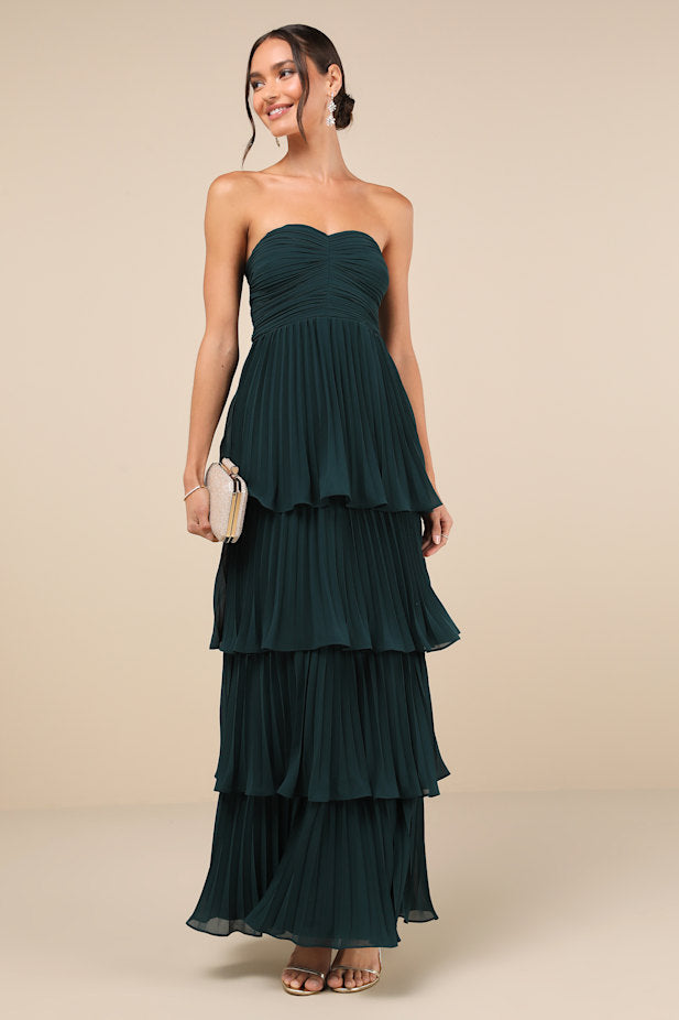 Seriously Sensational Emerald Strapless Tiered Maxi Dress