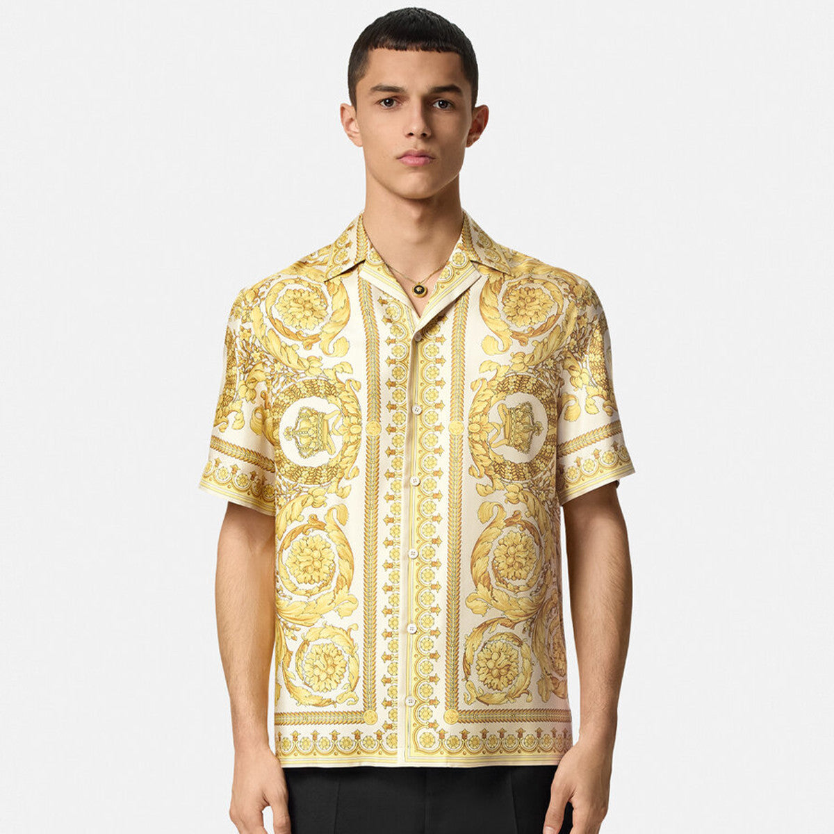 Versace Men's Summer Solid Color Single Breasted Lapel Short Sleeve BAROCCO Silk Shirt Casual Elastic Shorts Ngvp #8287