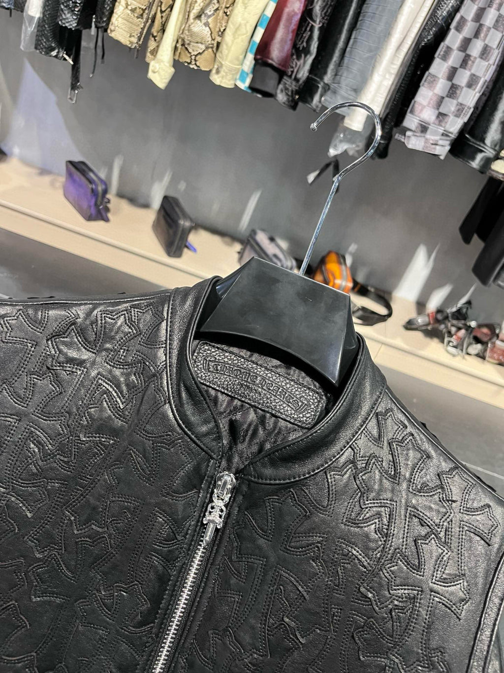 Chrome Hearts Men's Spring/Summer Dark Logo Leather Zipper Sleeveless Waistcoat Vest Jacket #98936