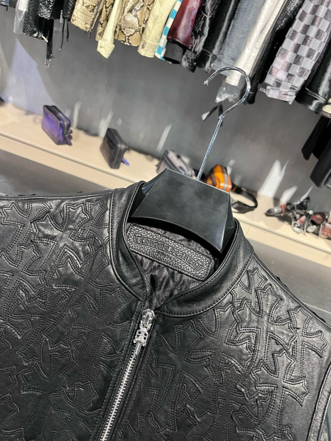 Chrome Hearts Men's Spring/Summer Dark Logo Leather Zipper Sleeveless Waistcoat Vest Jacket #98936