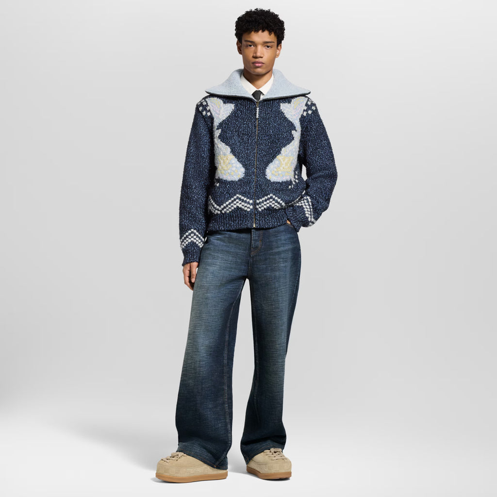 Louis Vuitton Men's Autumn/Winter Letter Print Color Block Collar Long Sleeve Knitted Sweater Zipper Knitted Waistcoat Jacket #81474