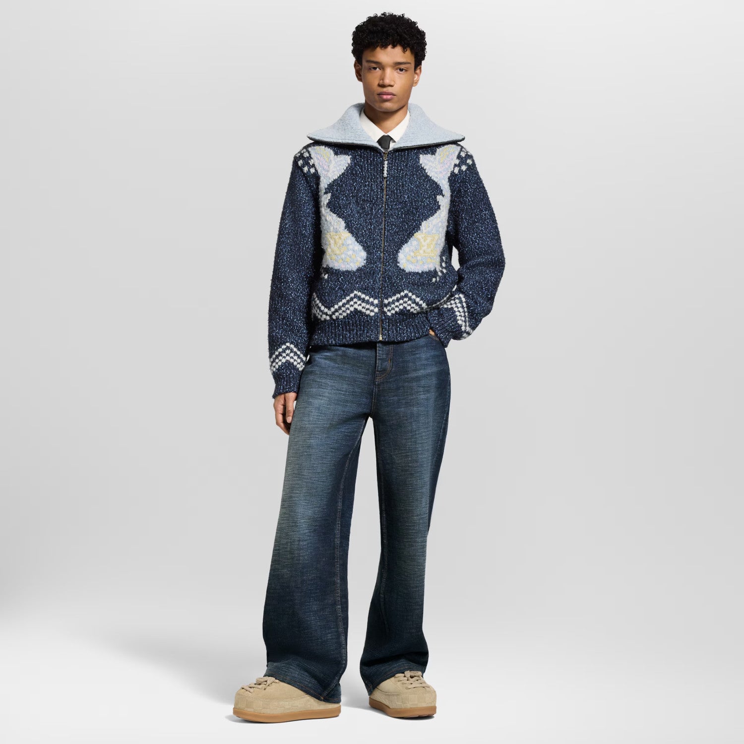 Louis Vuitton Men's Autumn/Winter Letter Print Color Block Collar Long Sleeve Knitted Sweater Zipper Knitted Waistcoat Jacket #81474