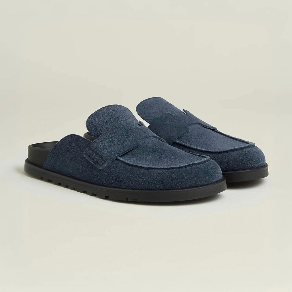 Hermes Men's Spring And Summer Solid Color Calfskin Round Head Flat Bottom Baotou Birkenstock Slippers Shoes #75495