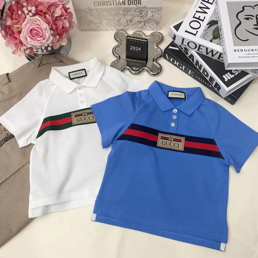 Gucci Kid's Summer Solid Color Striped Cotton Webbing Straight Short Sleeve Fitted Polo Shirt #31274