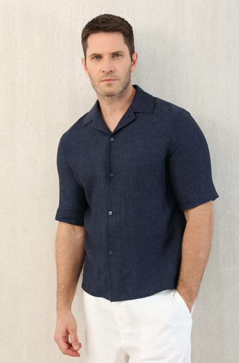 Brunello Cucinelli Men's Linen Loose Summer Single-Breasted Solid Color Lapel Short Sleeve Shirt Ngvp #1454