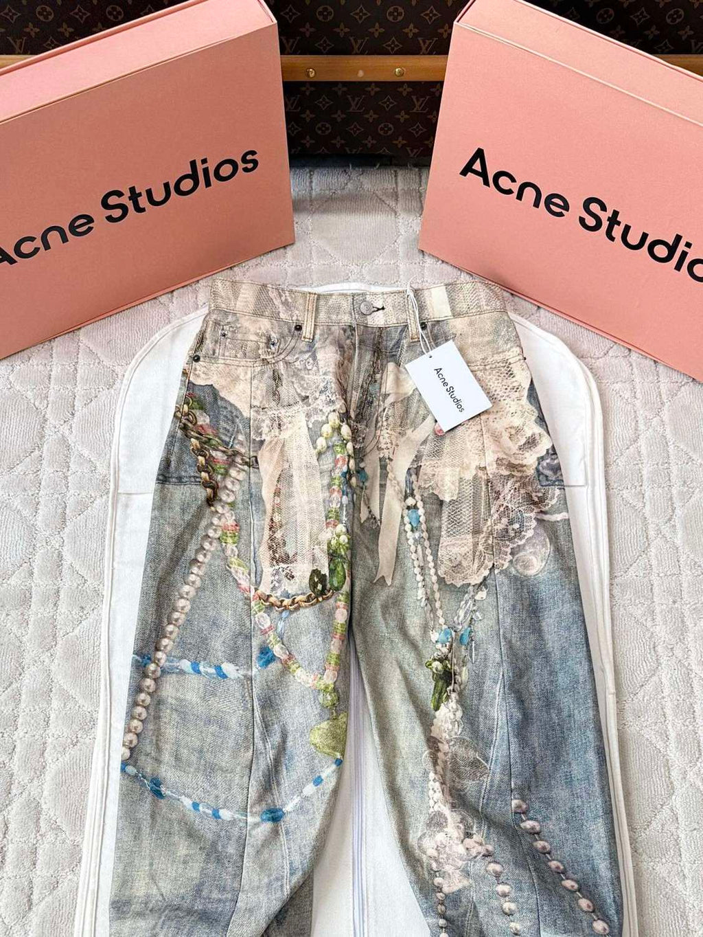 Acne Studios Men's & Women's Lace Pearl Chain 3D Print Four-Season Relaxed Mid-Rise Straight-Leg Curved Hem Denim Pants #81549