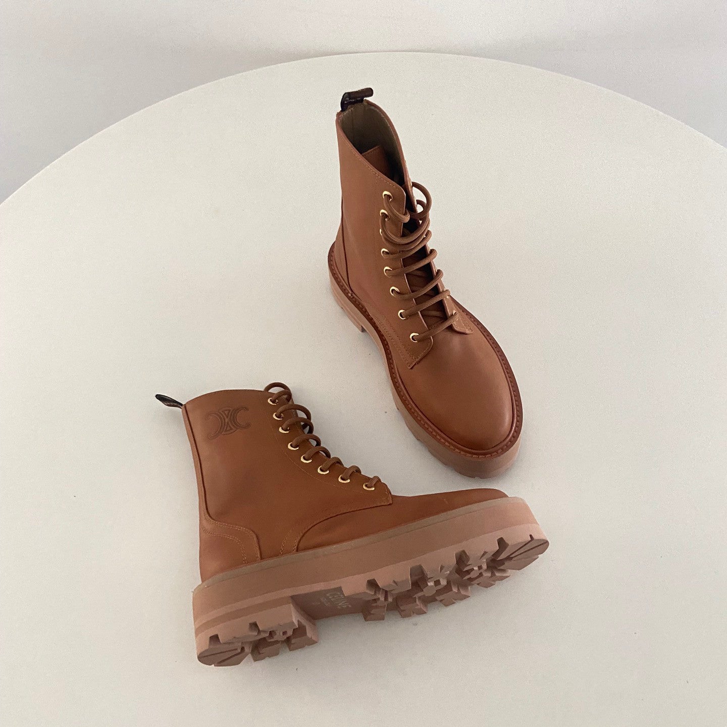 Celine Bulky Women's Solid Color Comfortable Leather Thick Sole Lace-Up Mid-Length Boots Shoes #73715