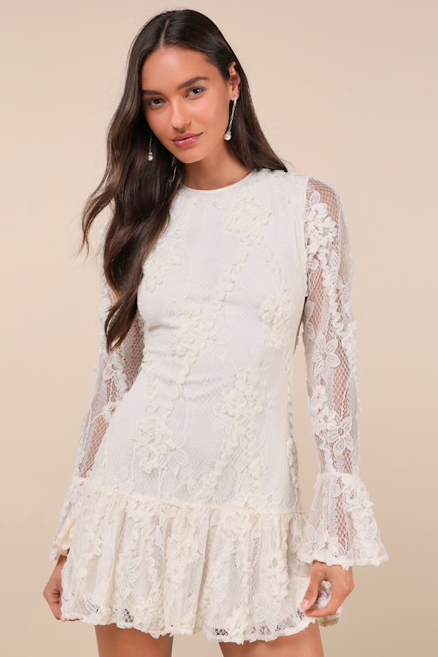 Darling Era Ivory Lace Applique Long Sleeve Ruffled Mini Dress