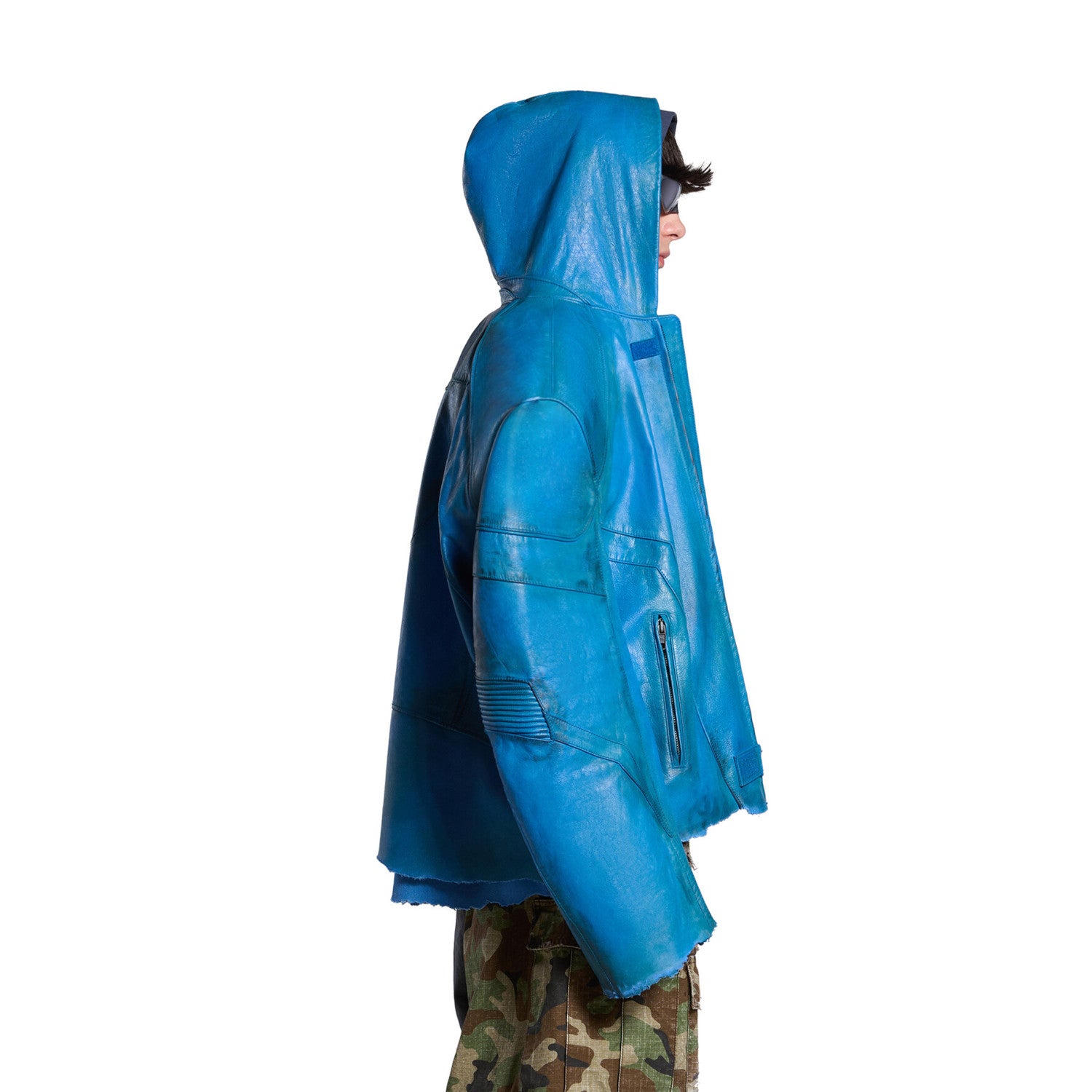 Balenciaga Men's Spring And Fall Fashion Zipper Blue Cowhide Hooded Long Sleeve Loose Biker Jacket Ngvp #8581