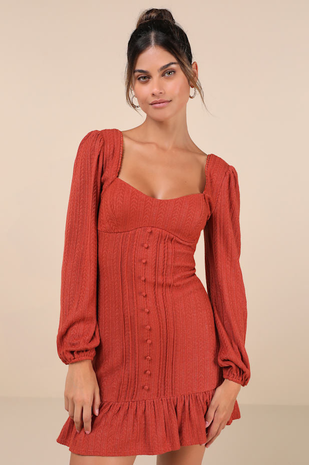 Coveted Sweetness Rust Pointelle Knit Long Sleeve Mini Dress