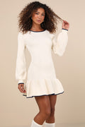 Coziest Poise Ivory Cable Knit Long Sleeve Sweater Mini Dress