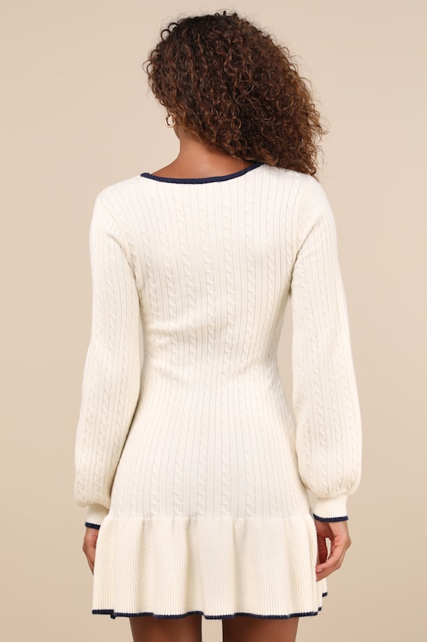 Coziest Poise Ivory Cable Knit Long Sleeve Sweater Mini Dress