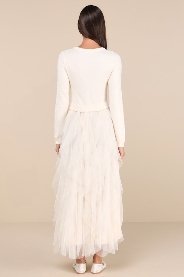 Ultimate Beauty Ivory Cable Knit Ruffled Tulle Maxi Dress