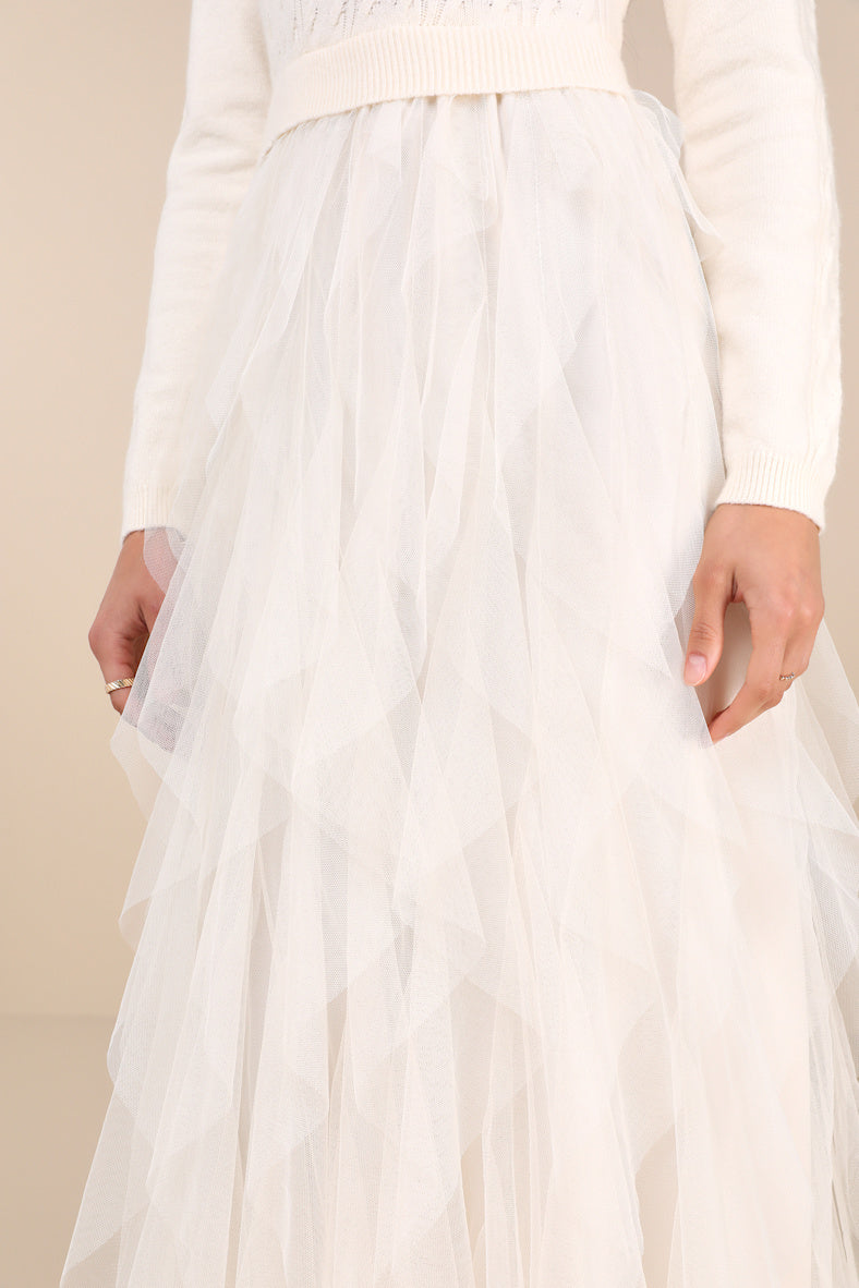 Ultimate Beauty Ivory Cable Knit Ruffled Tulle Maxi Dress