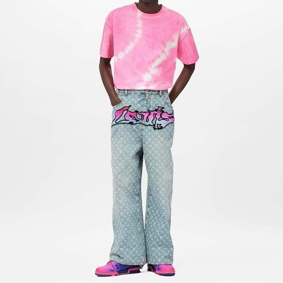 Louis Vuitton Men's Spring and Autumn Blue Logo Full Print Letter Graffiti Jeans Pants #73256