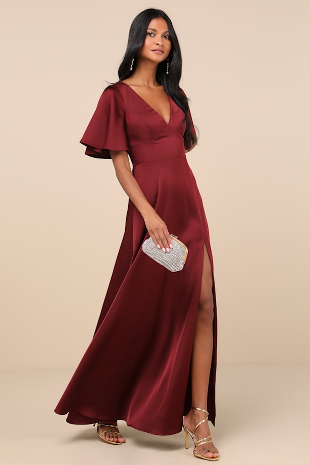 Elegant Confidence Red Satin Flutter Sleeve Cutout Maxi Dress