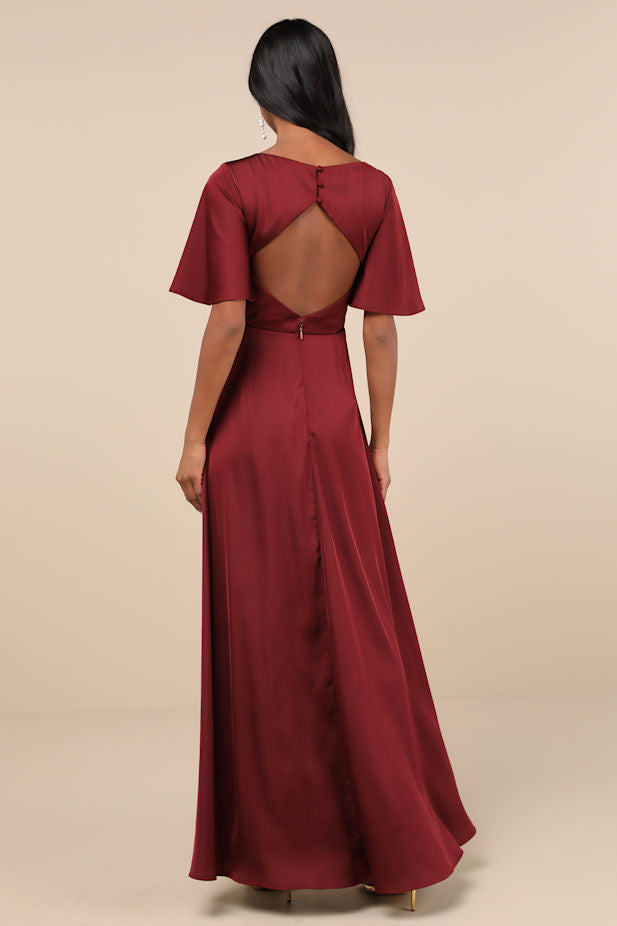 Elegant Confidence Red Satin Flutter Sleeve Cutout Maxi Dress