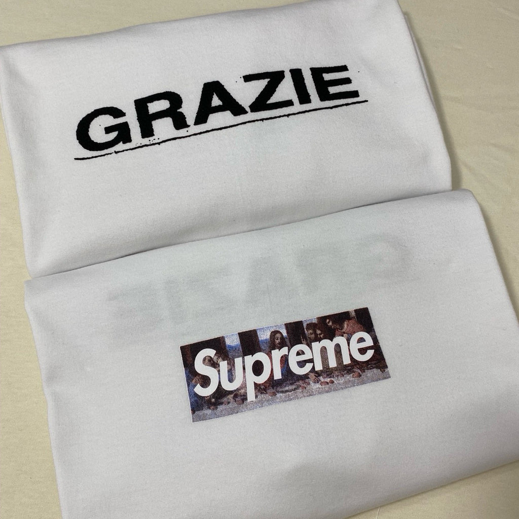 Supreme Week 11 Milan Last Supper Men's & Women's White Leonardo da Vinci The Last Supper Box Logo Print Solid Colour Casual Round Neck Short Sleeve T-Shirt #99265