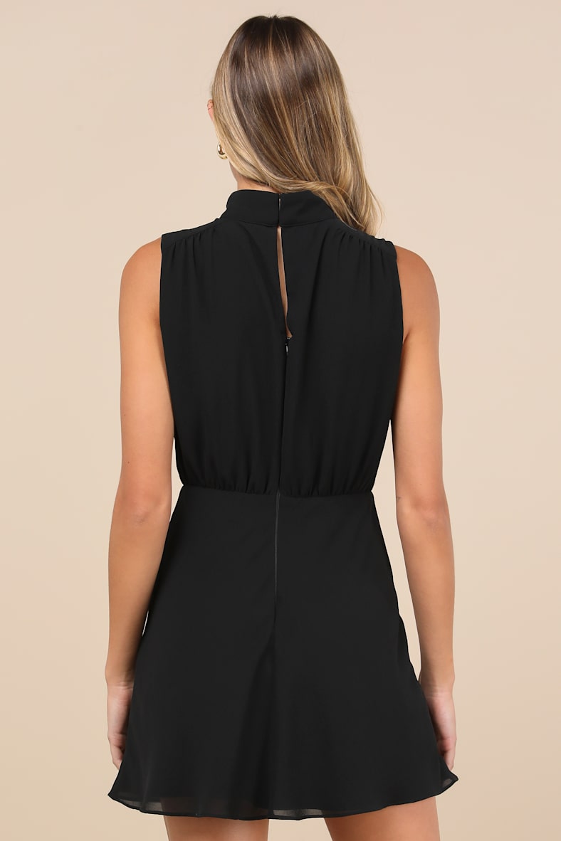 Classic Elegance Black Chiffon Sleeveless Mock Neck Mini Dress