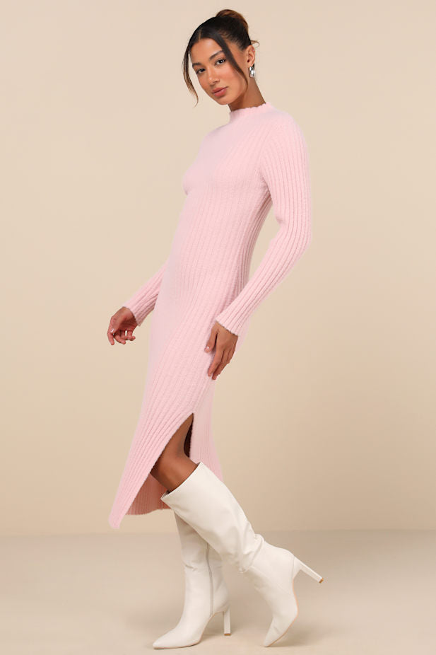 Irresistible Feelings Light Pink Fuzzy Knit Midi Sweater Dress