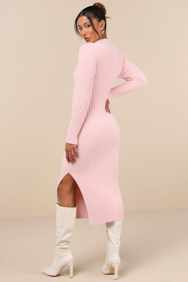 Irresistible Feelings Light Pink Fuzzy Knit Midi Sweater Dress