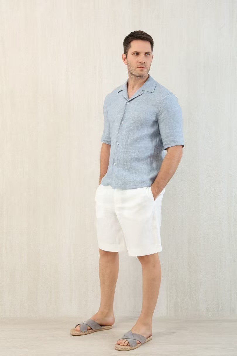 Brunello Cucinelli Men's Linen Loose Summer Single-Breasted Solid Color Lapel Short Sleeve Shirt Ngvp #1454