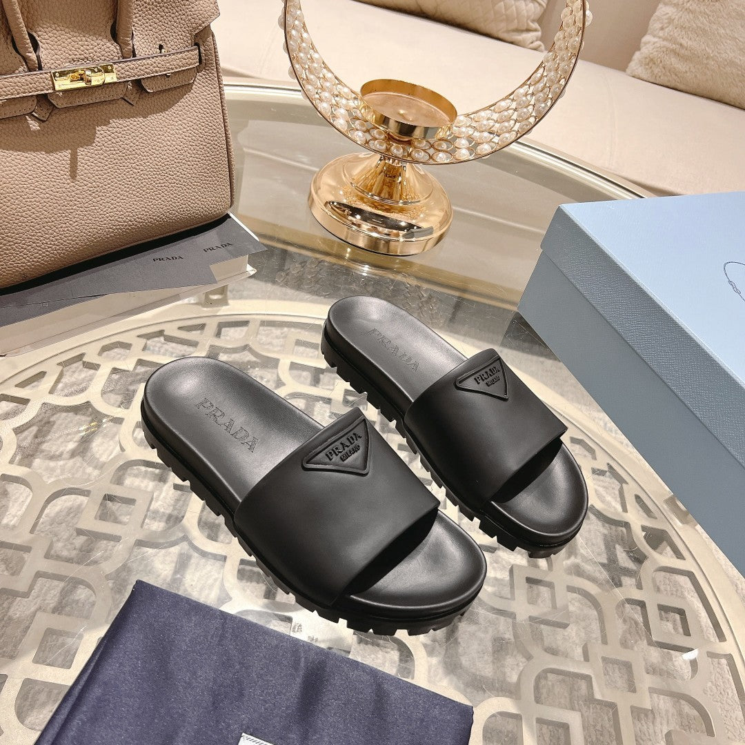 Prada Men's And Women's Summer Solid Colour Cowhide Leather Sandals And Slippers Shoes #76974