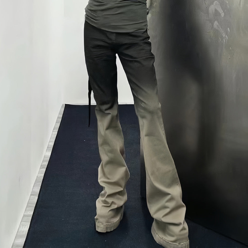 Rick Owens Men's Cotton Casual Zipper Black Gradient Skinny Wash Denim Flare Pants Ngvp #7286