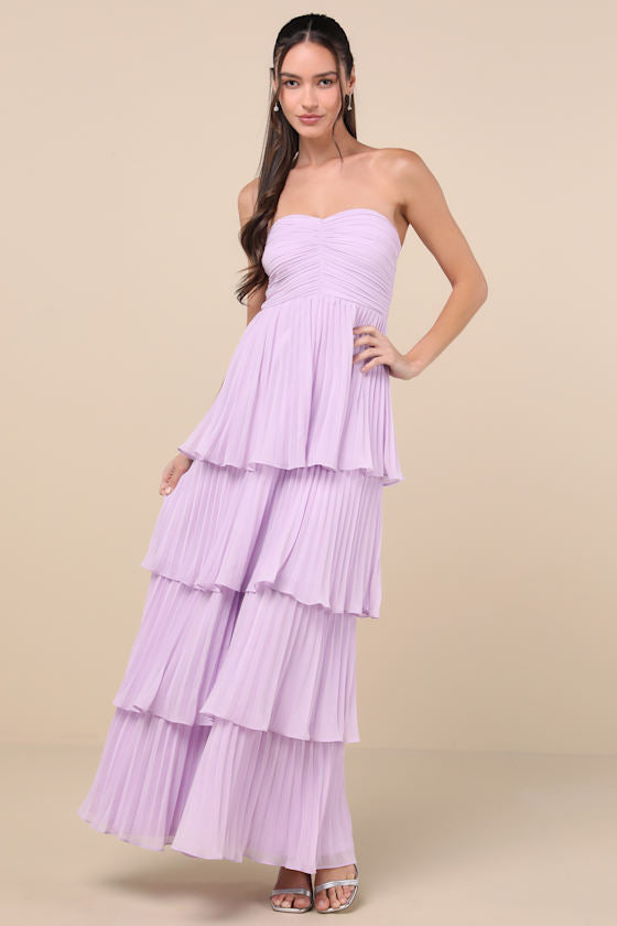 Seriously Sensational Lavender Strapless Tiered Maxi Dress